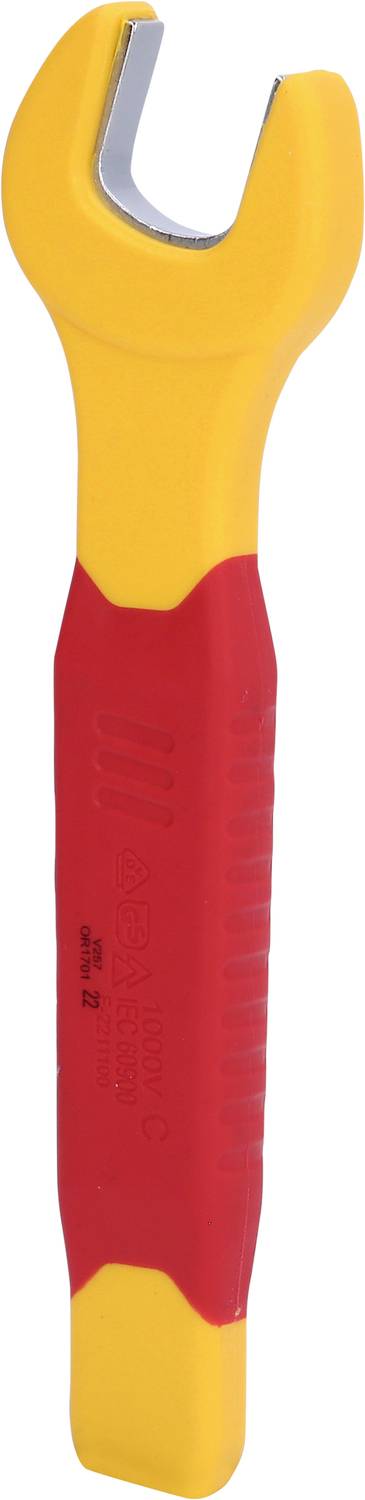Ein isolierter, gelb-roter Schraubenschlüssel mit gummiertem Griff, geeignet für Arbeiten an stromführenden Teilen zur Sicherheit.