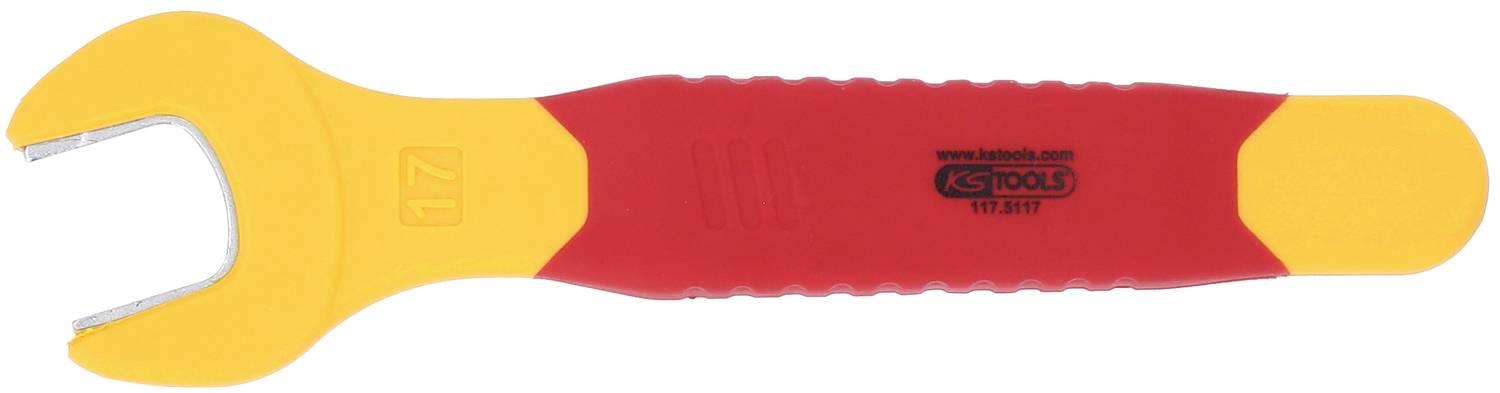 Ein gelb-roter Schraubenschlüssel mit der Aufschrift '17' auf dem gelben Teil und einem Markennamen auf dem roten Griff.