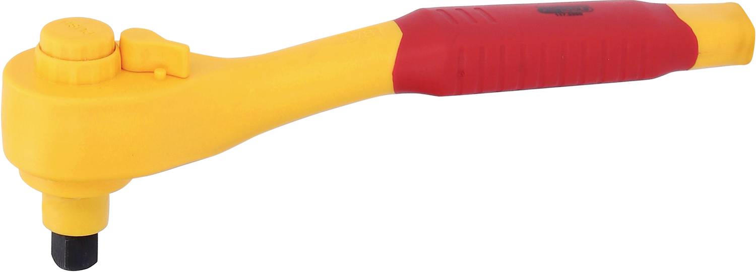 Ein orange-gelber, isolierter Ratschen-Schlüssel mit rotem Griff, geeignet für Arbeiten an elektrisch leitenden Teilen.