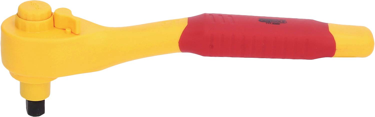 Ein gelb-roter isolierter Ratschen-Schraubenschlüssel, geeignet für Arbeiten an spannungsführenden Teilen in elektrischen Bereichen.