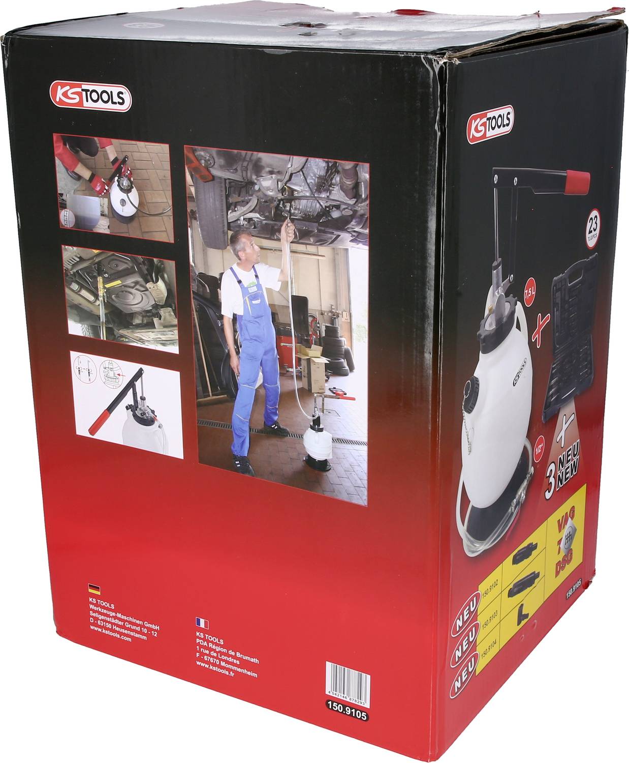 Verpackung eines KS Tools Ölabsauggeräts. Zeigt das Gerät, Zubehör und Anwendungen im Einsatz. Text und Bilder vermitteln Funktionsweise.