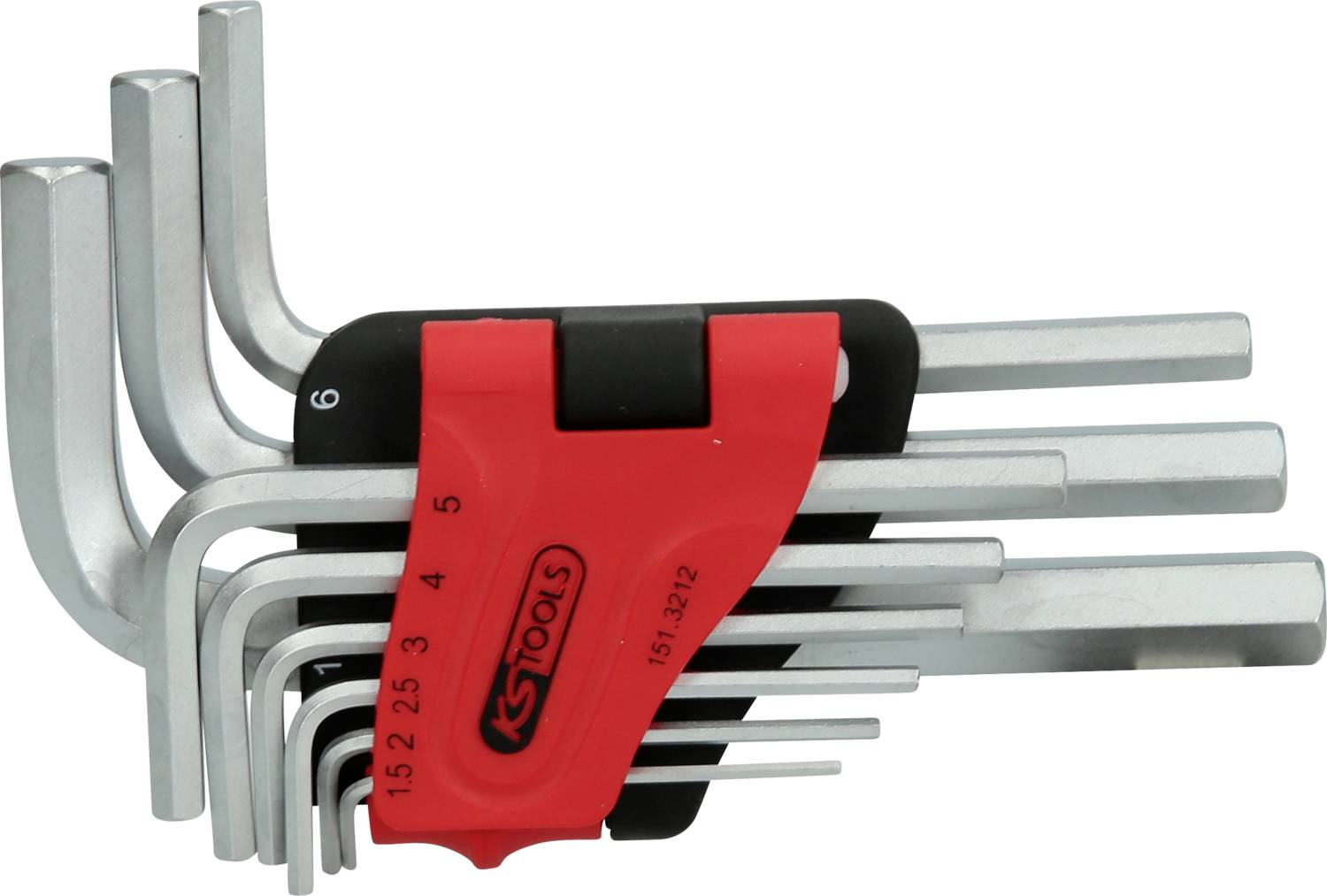 Ein Satz Sechskantschlüssel in verschiedenen Größen, gehalten von einem roten Halter mit der Aufschrift 'KS Tools'.
