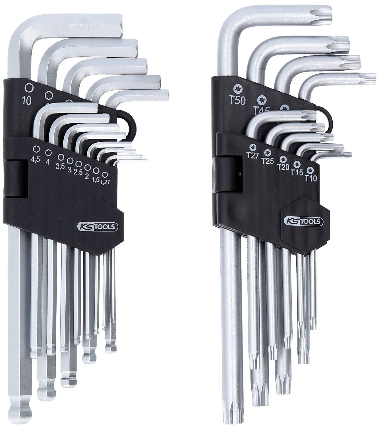 Zwei Sets von Winkelschlüsseln: links Inbusschlüssel mit Größen von 1,5 bis 10 mm, rechts Torx-Schlüssel von T10 bis T50, beide in Halterungen.