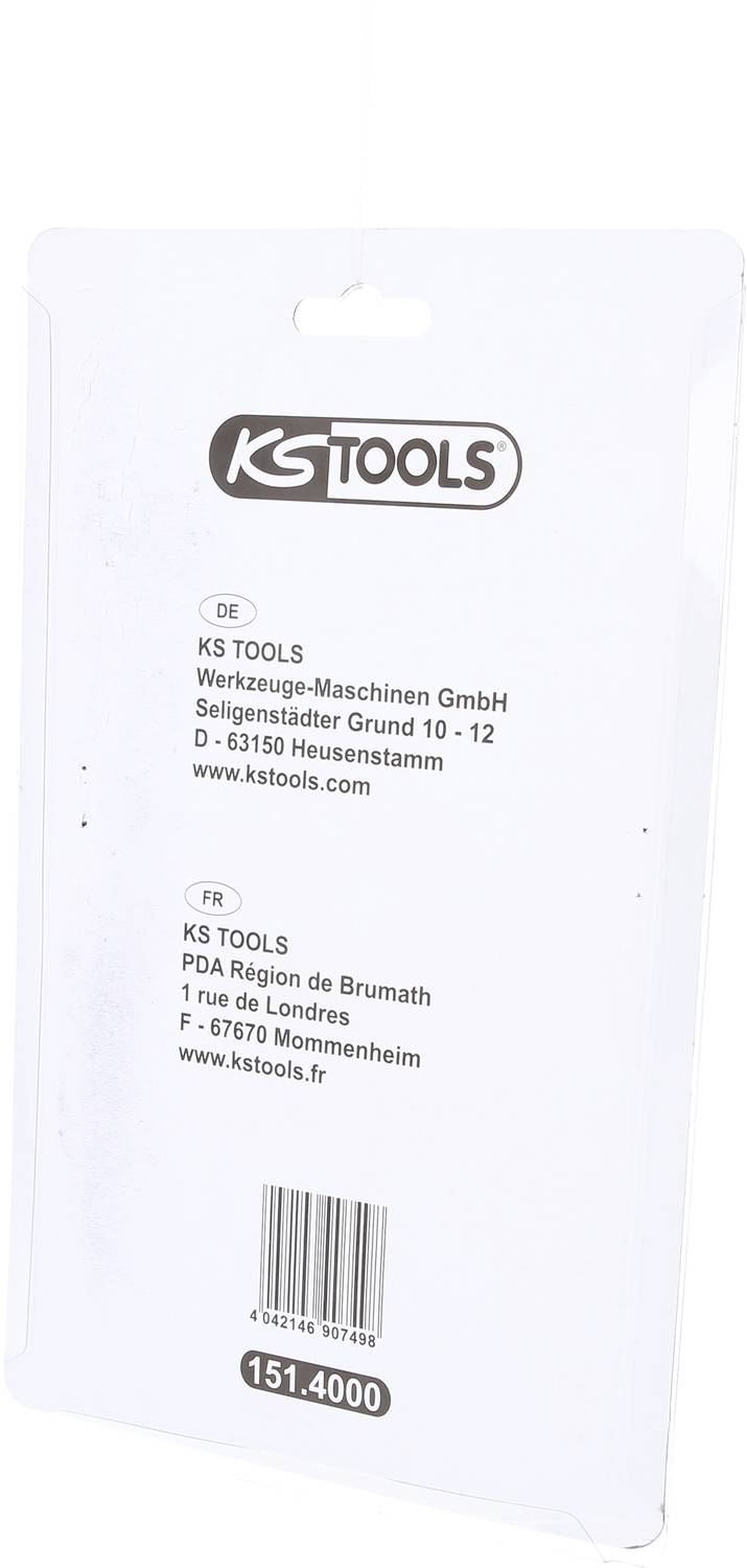 Verpackungsrückseite mit KS Tools-Logo und Kontaktadressen in Deutschland und Frankreich. Artikelnummer 151.4000 unten sichtbar.