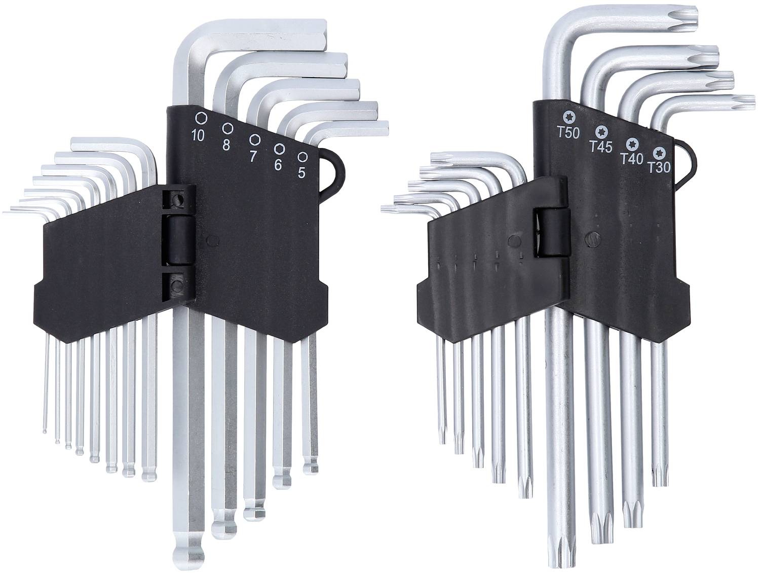 Ein Set von Inbusschlüsseln mit metrischen und zölligen Größen, auf einer schwarzen Halterung organisiert, vor weißem Hintergrund.