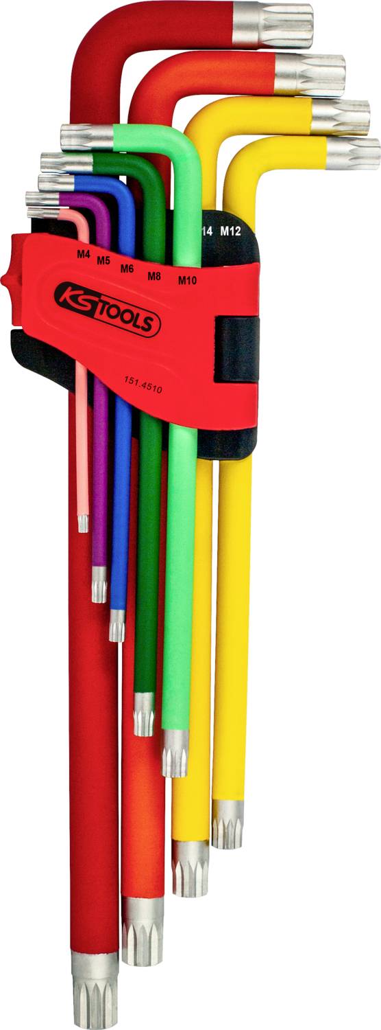 Ein Satz von neun bunten Innensechskant-Schlüsseln in einem Halter, geordnet nach Größe von klein nach groß, mit Gummigriff.