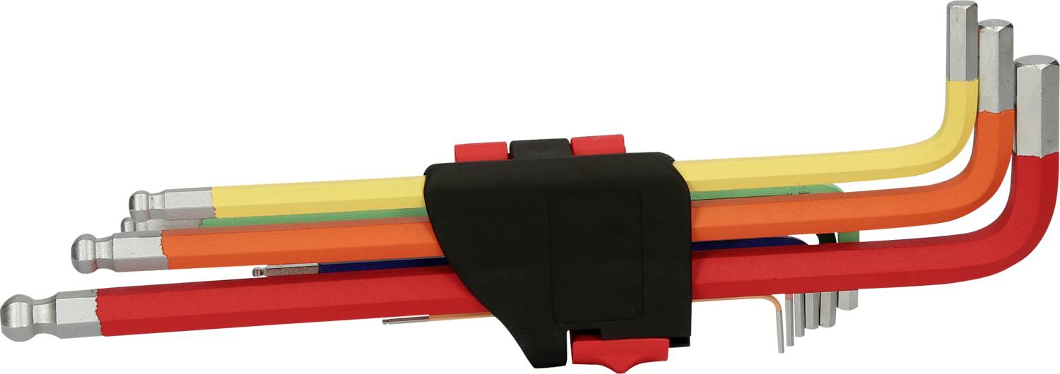 Ein Set von unterschiedlich farbigen Winkelschlüsseln mit Kugelkopf, geordnet nach Größe und in einer schwarzen Halterung fixiert.