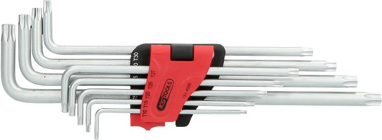 Satz von L-förmigen Torx-Schlüsseln in verschiedenen Größen, geordnet in einem roten und schwarzen Halter.