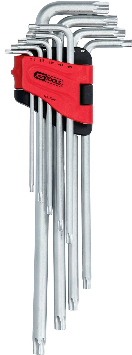 Satz von Torx-Stiftschlüsseln in verschiedenen Größen, gehalten von einer roten Halterung mit Markenlogo, für präzise Reparaturarbeiten.