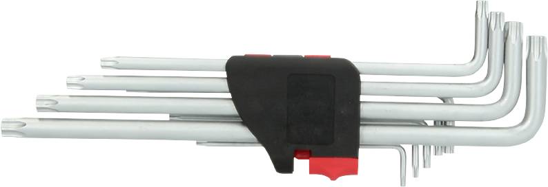 Ein Satz von sechs silbernen Torx-Schlüsseln in L-Form, zusammengehalten von einer schwarzen Kunststoffhalterung.