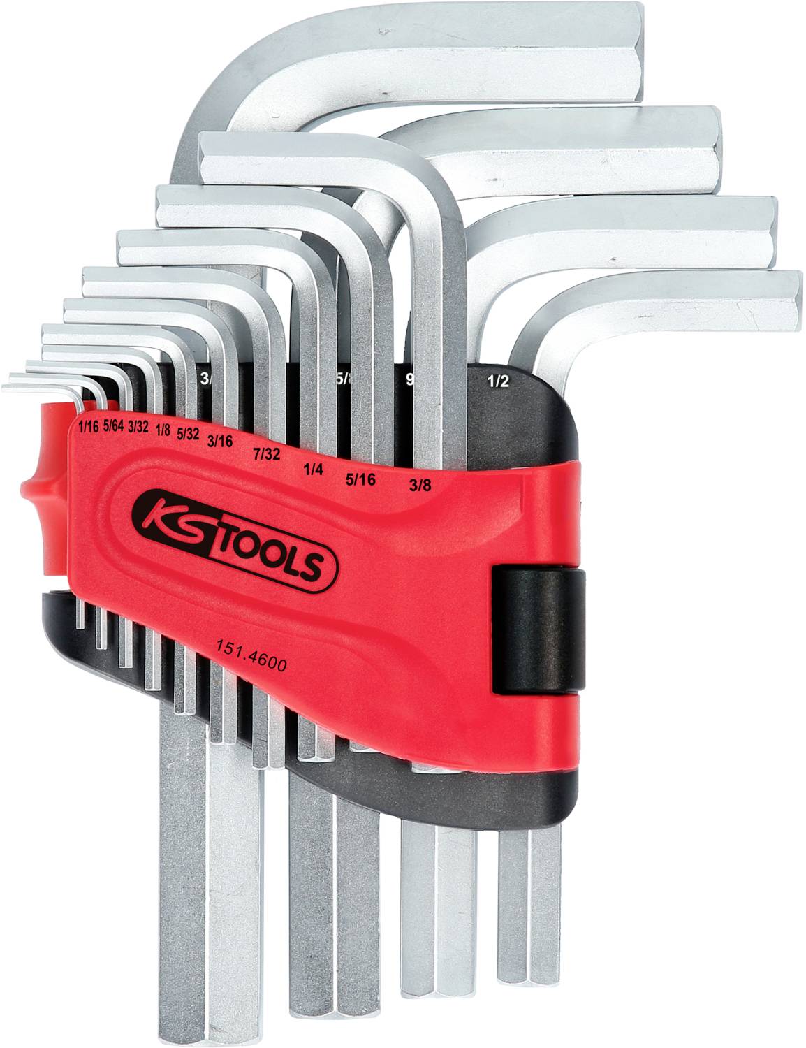 Ein Satz Sechskantschlüssel in unterschiedlichen Größen, geordnet in einem roten Halter mit der Aufschrift 'KS Tools'.