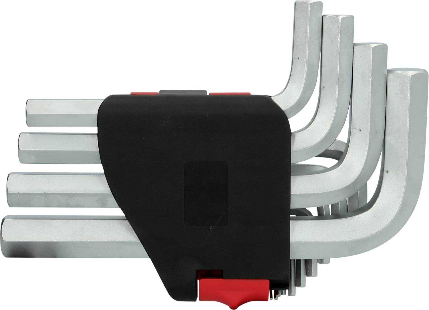 Ein Satz von sechs Sechskant-Schlüsseln in verschiedenen Größen, die in einem schwarzen Halter mit rotem Verschluss angeordnet sind.