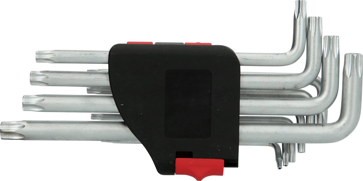 Ein Satz von sieben Inbusschlüsseln in unterschiedlicher Größe, geordnet in einem schwarzen Halter mit rotem Verschluss.