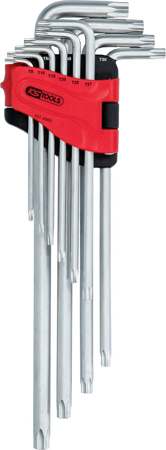 Ein Set von acht silbernen Torx-Schlüsseln in verschiedenen Größen, organisiert in einem roten Halter mit schwarzen Akzenten.
