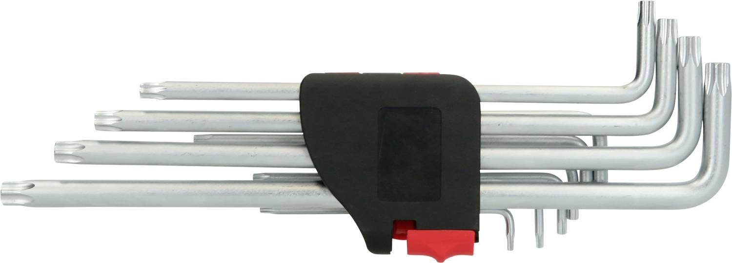 Ein Set von silbernen Torx-Schlüsseln in unterschiedlichen Größen, geordnet in einem schwarzen und roten Halter.