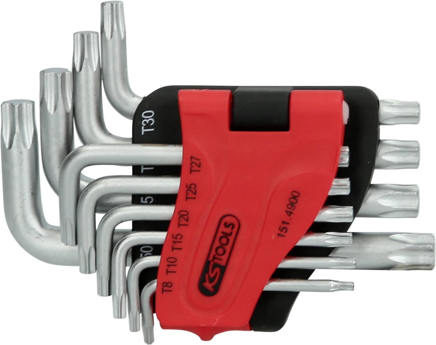 Satz von acht Torx-Schlüsseln mit rotem und schwarzem Halter, Größen T8 bis T30, von KS Tools.