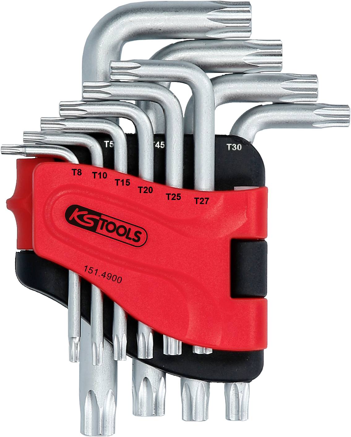Das Bild zeigt ein Set bestehend aus neun Torx-Schlüsseln verschiedener Größen in einer roten Halterung von KS Tools.