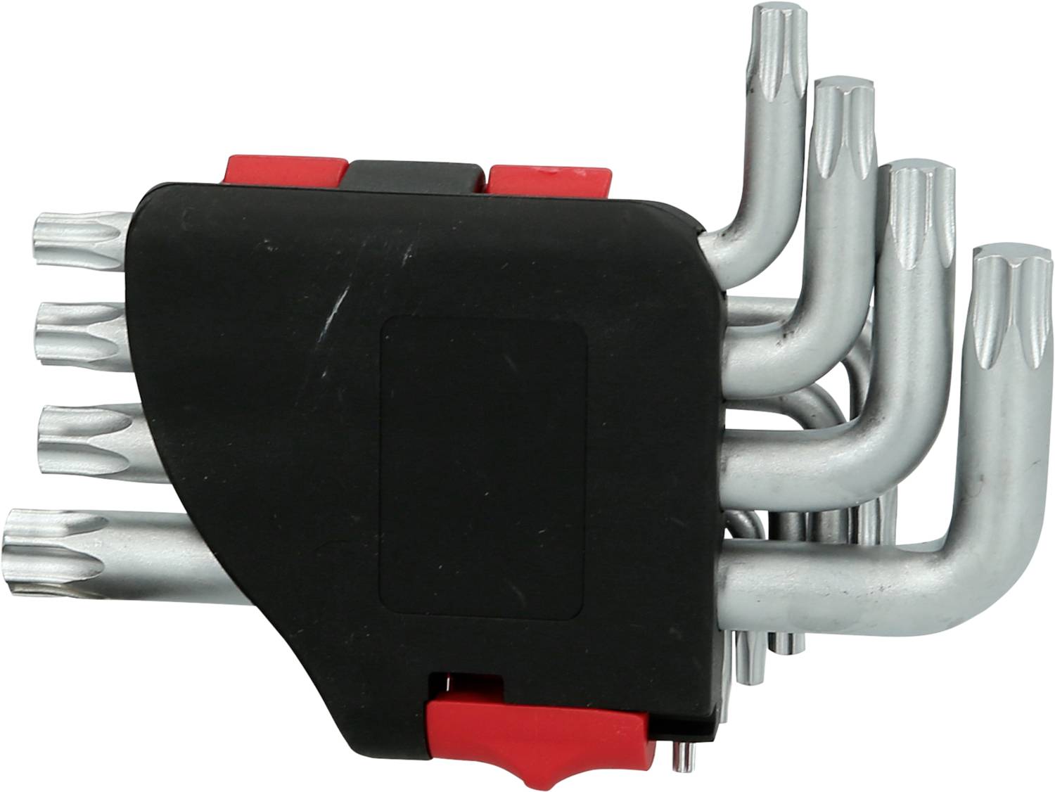 Silbernes Torx-Schlüssel-Set in schwarzer Halterung, sechs verschiedene Größen. Ideal für präzise Reparaturarbeiten.