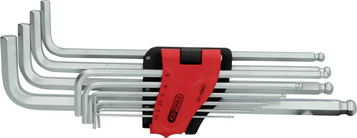 Ein Set von acht Inbusschlüsseln in verschiedenen Größen ist in einem roten und schwarzen Halter organisiert.