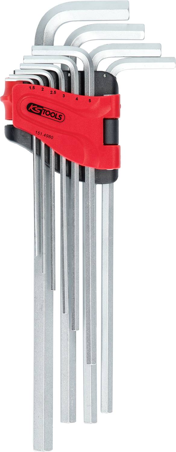 Ein Set von neun silbernen Inbusschlüsseln in verschiedenen Größen, gehalten von einem roten Kunststoffhalter mit der Aufschrift 'KS Tools'.
