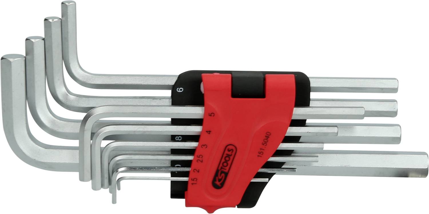 Ein Set von Inbusschlüsseln in verschiedenen Größen, ordentlich in einem rot-schwarzen Halter angeordnet.