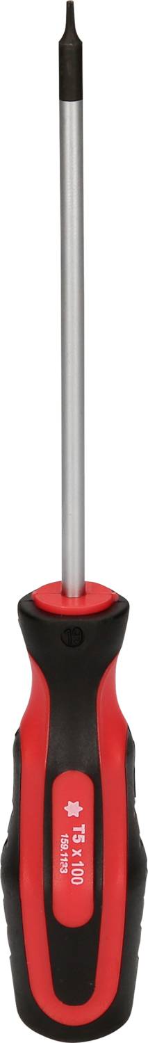 Roter Schraubendreher mit schwarzem Griff, Spitze zeigt nach oben.