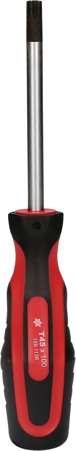 Schraubendreher mit rotem und schwarzem Griff, Torx-Kopf, aufrechter Blick. Geeignet für Befestigungen mit kompatiblem Profil.