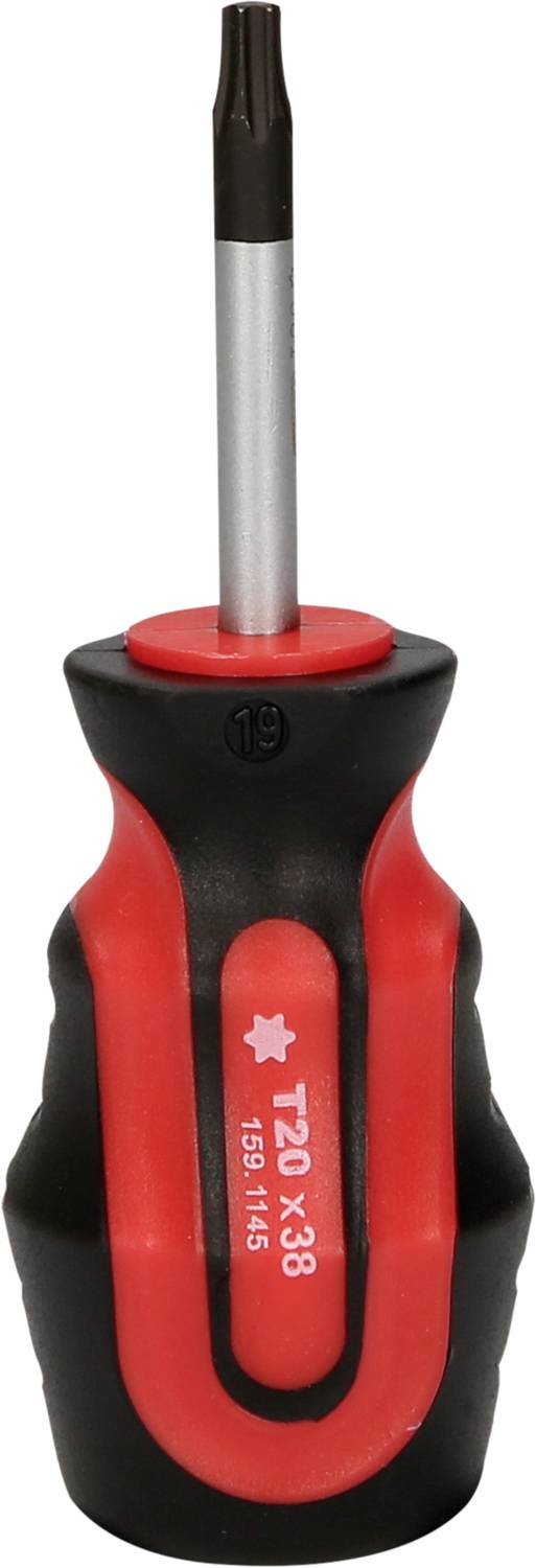 Ein kurzer, roter und schwarzer Torx-Schraubendreher mit der Aufschrift 'T20 x 38'.