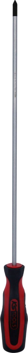 Ein langer Schraubendreher mit rotem und schwarzem Griff liegt auf einer weißen Fläche. Der Griff ist ergonomisch geformt.