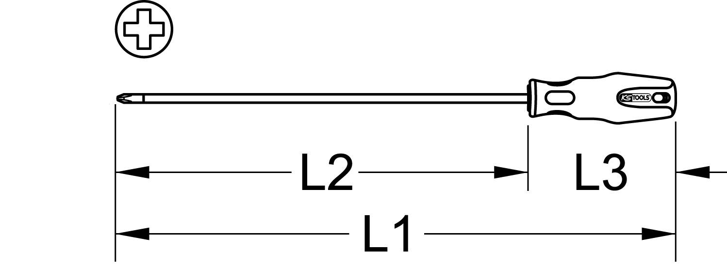 Abbildung eines Kreuzschlitzschraubendrehers mit Maßen L1, L2, und L3. Hauptbestandteil ist die Länge des Schafts und Griffs.