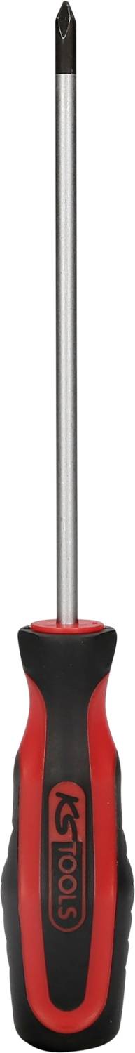 Philips-Schraubendreher mit rotem und schwarzem Griff, langer Metallschaft und Kreuzschlitzspitze, vertikal positioniert.