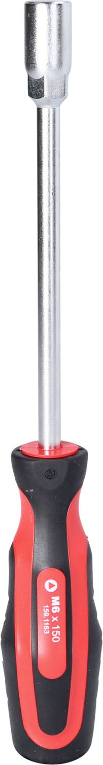Ein Schraubendreher mit rotem und schwarzem Griff und einer silbernen Metallspitze.