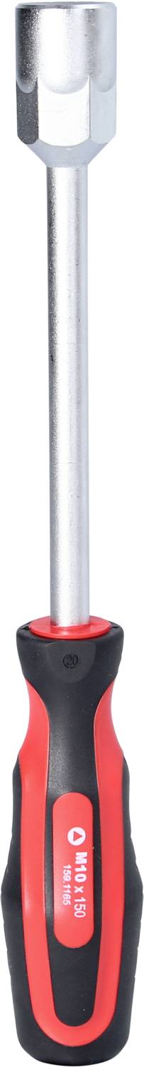 Schraubenschlüssel mit rot-schwarzem Griff und silbernem Metallkopf.