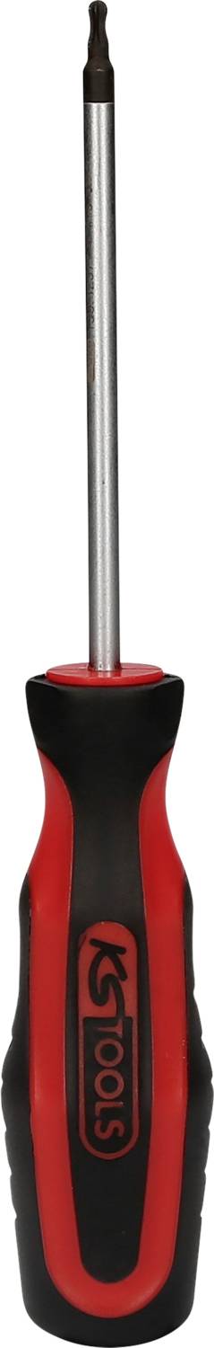 Ein roter und schwarzer Schraubendreher mit langem Metallstab und Kreuzschlitzspitze. Geeignet für vielseitige Schraubarbeiten.