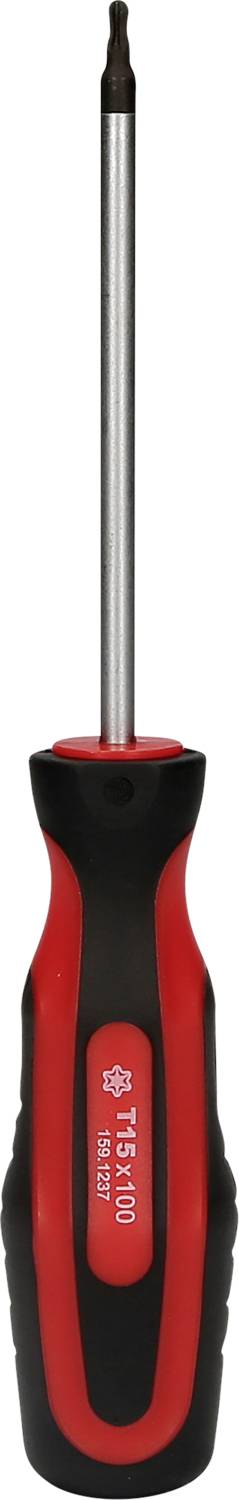 Ein rot-schwarzer Schraubendreher mit ergonomischem Griff und Metallspitze.
