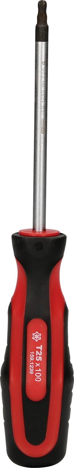 Ein roter Schraubenzieher mit schwarzem Griff, einer langen Metallspitze und einem sichtbaren Logo auf dem Griff.