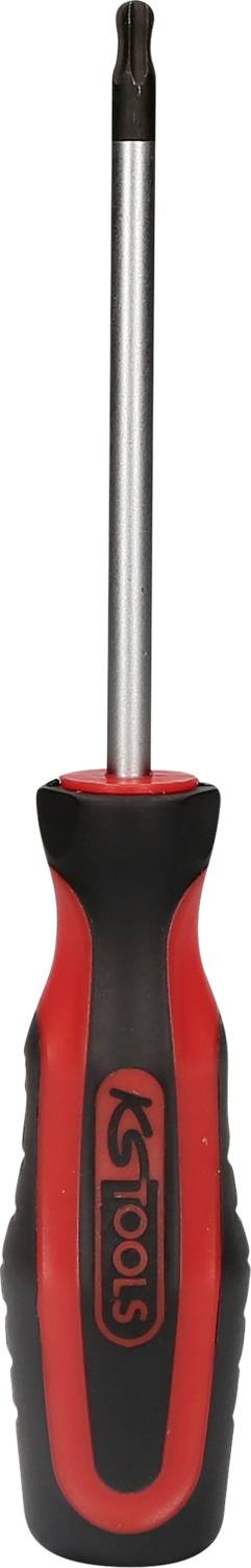 Schraubendreher mit rotem und schwarzem Griff, schmaler Metallschaft und Sternkopf. Geeignet für Torx-Schrauben.
