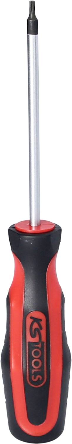 Ein roter und schwarzer Schraubenzieher mit einem schmalen Metallkopf, geeignet für Präzisionsarbeiten.