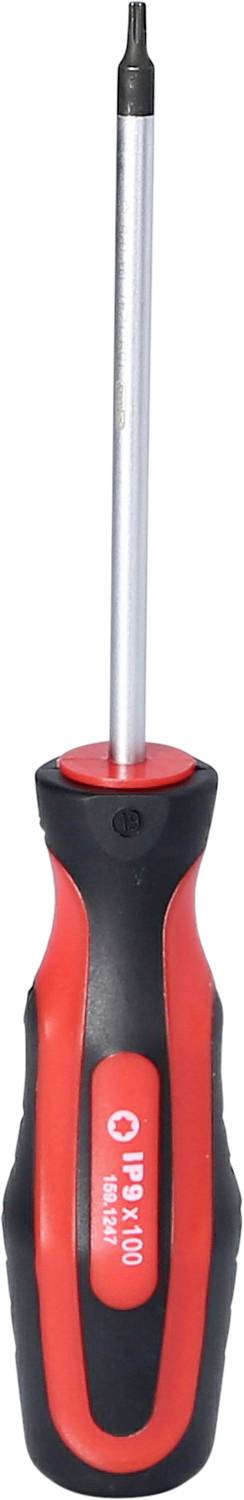 Schraubendreher mit schwarzem und rotem Griff und silberner Klinge, geeignet für Präzisionsarbeiten in der Elektronik oder Feinmechanik.