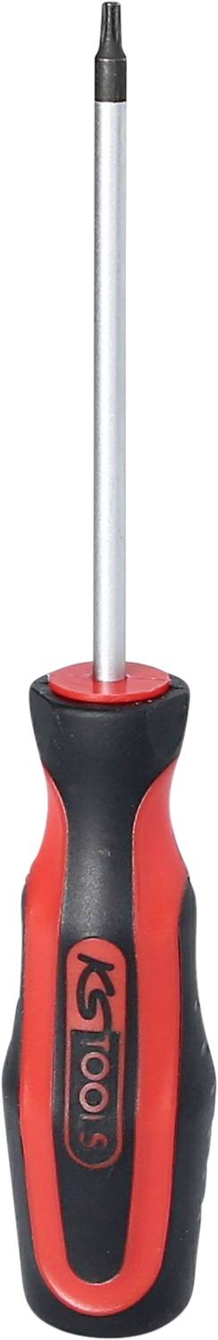 Ein rot-schwarzer Schraubendreher mit ergonomischem Griff und langem Schaft. Ideal zum Anziehen oder Lösen von Schrauben.