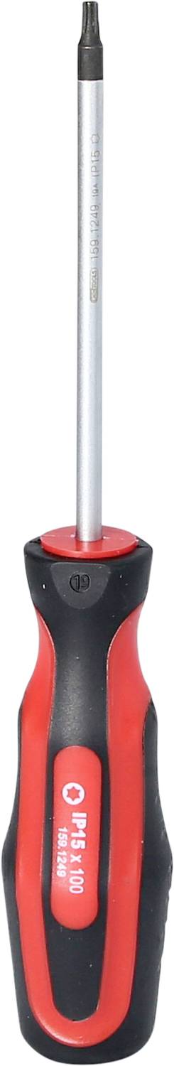 Ein roter und schwarzer Schraubendreher mit ergonomischem Griff, geeignet für Torx-Schrauben.