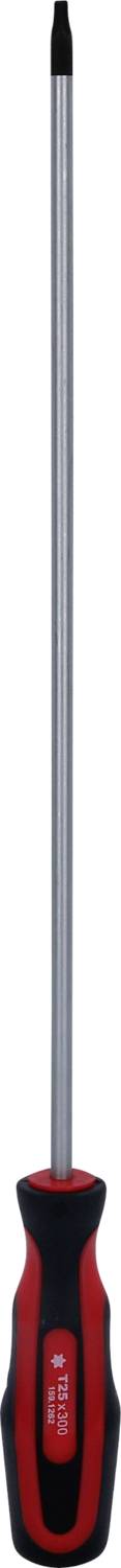 Ein langer Schraubendreher mit rotem, ergonomisch gestaltetem Griff und schwarzer Spitze.