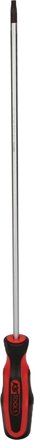 Schlitzschraubendreher mit rot-schwarzem ergonomischem Griff und langem, schmalem Metallstab.