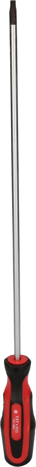 Ein roter Schraubendreher mit schwarzem Griff und langer Metallschraubendreherspitze, vertikal positioniert.