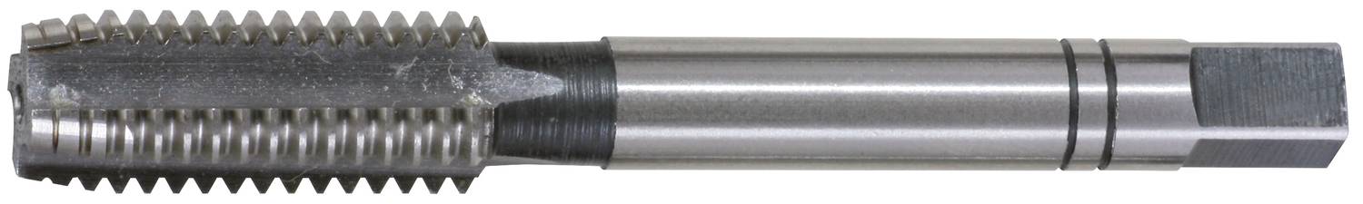 Ein Gewindebohrer aus Metall mit scharfkantigen Gewindeflanken, verwendet zum Schneiden von Innengewinden in Werkstoffen.
