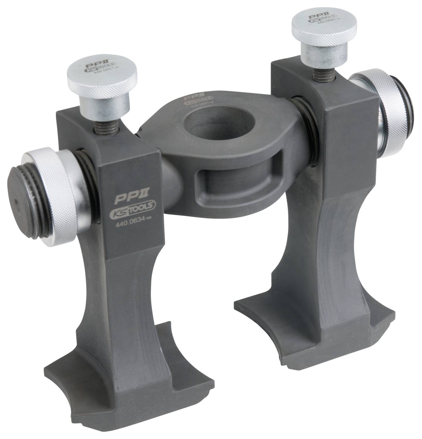 Ein graues Bohrschraubstock-ähnliches Werkzeug mit zwei verstellbaren Schrauben. Verwendet für präzises Positionieren beim Bohren.