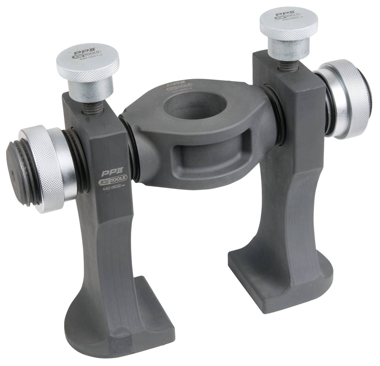 Metallisches Werkzeug mit zwei Einstellschrauben und einer zentralen Halterung. Verwendet zur sicheren Befestigung von Werkstücken.