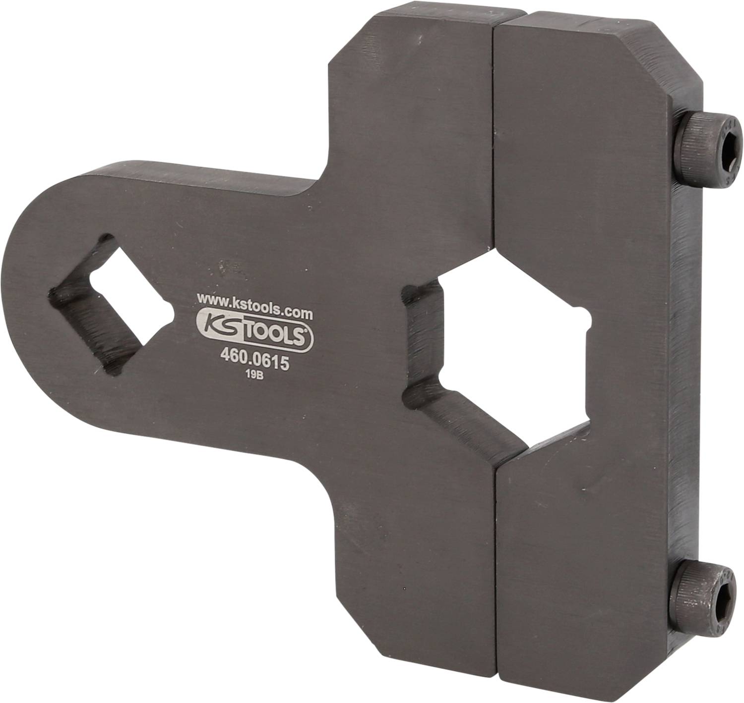 Metallisches Werkzeugteil von KS Tools mit trapezförmiger Aussparung und zwei Schrauben an den Seiten, offenbar zur Befestigung oder Anpassung.