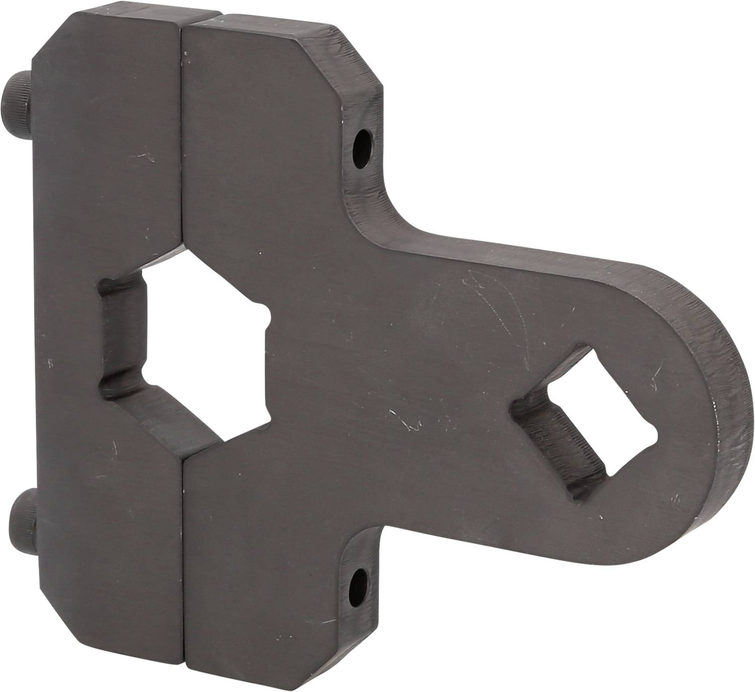 Ein schwarzes, metallisches Werkzeug mit einer komplexen Form und Schrauben, möglicherweise für mechanische Anwendungen geeignet.