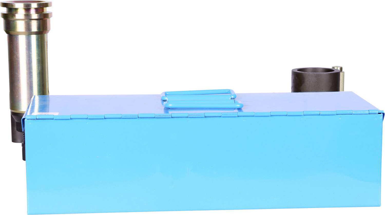 Ein rechteckiger, blauer Metallkasten mit einem Griff oben, seitlich montierte silberne und schwarze zylinderförmige Teile.